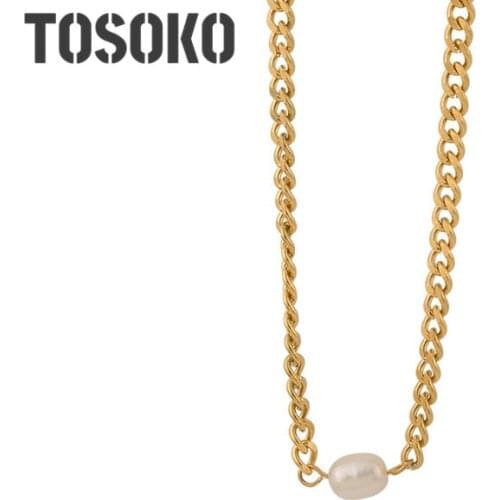 TOSOKO Stainless Steel Jewelry Sea Pearl Handmade Link Chain Necklace Female Hip Hop Chain Clavicle Chain BSP539
