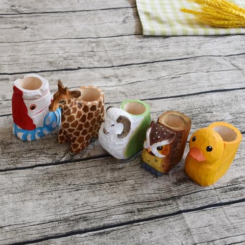 Creative Craft Decorations Office Storage Supplies Handmade Solid Wood Carving Pen Holder Animal Pen Holder Desktop Stationery