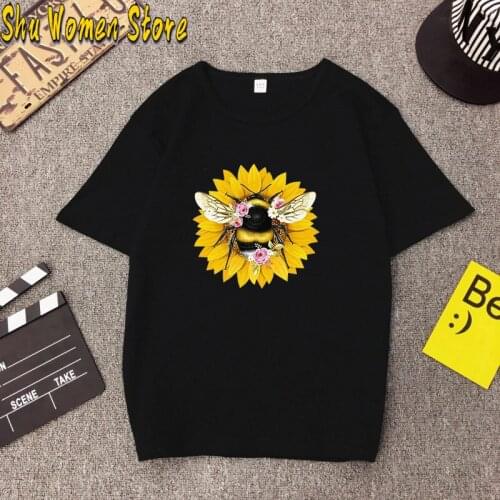 Bee Sun Flower Pattern Print Short Sleeve Spring 2021 New Loose Round Neck Womens Cotton T-shirt Harajuku Top Tees goth