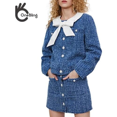 OneBling 2021 Fashion Two Piece Sets Women Tweed Jacket With Bow Suits Buttons High Eaist Skirt Office Ladies Blue Outfits