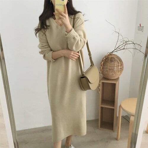 YAMDI Women Sweater Dress Korean 2019 New Autumn Winter Dresses Female Woman Casual Elegant Warm Knitted Jumper Dress Vestidos