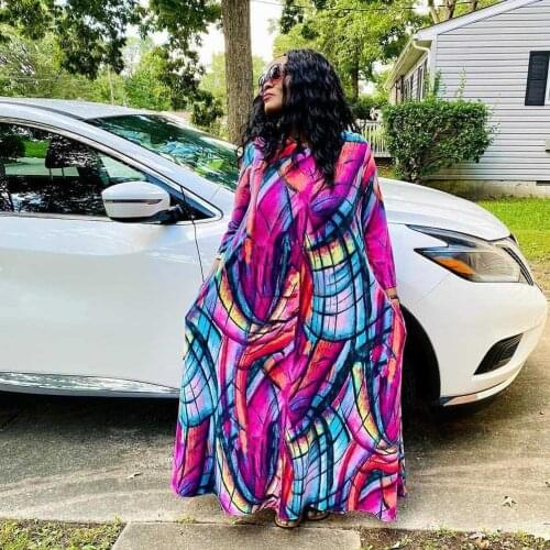 New Plus Size Womens Fashion Digital Printing Loose Long-Sleeved Big Swing Long Dress with Pockets