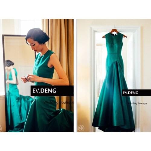 Free shipping robe de soiree Elegant Formal sleeveless long mermaid Evening Dress 2015 green satin party dresses Prom Gowns