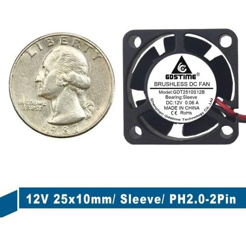 10 Pieces Gdstime DC Fan 12V 2Pin Mini Brushless Cooling Fan 2510S 25mm 25x25x10mm Ventilation Axial Flow Duct Cooler Heatsink