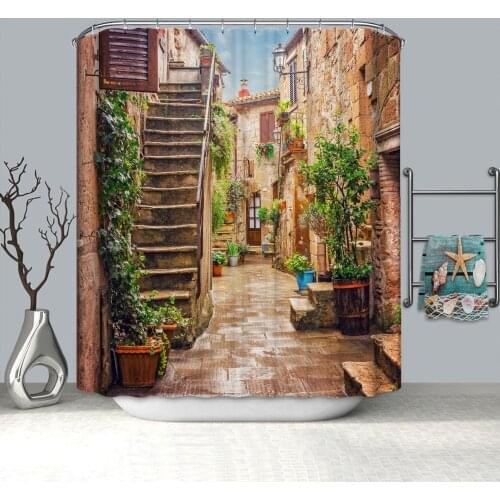 180*180cm Flower Scenery Waterproof Shower Curtain Rural Street Flowers Bathroom Polyester Fabric Washable Decor Bath Curtains