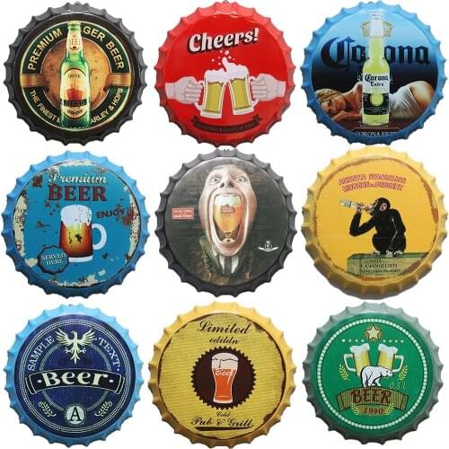 Beer Brand Beer Bottle Cap Signs Metal Round Plate Painting Crafts Decor Retro Bar Cafe Garage Wall Hanging Plaques Home Decor