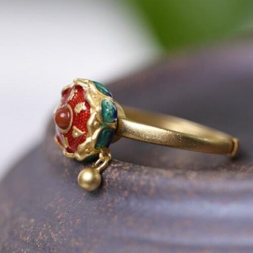 Buddhism Lotus Floral Enamel Rotating Cocktail Ring Buddhist Tibetan Prayer Wheel Ring OM Mantra Finger Ring Good Luck