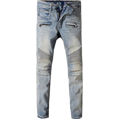 European American Street Fashion Men Jeans Slim Fit Retro Yellow Blue Spliced Designer Biker Jeans Men Hip Hop Denim Punk Pants