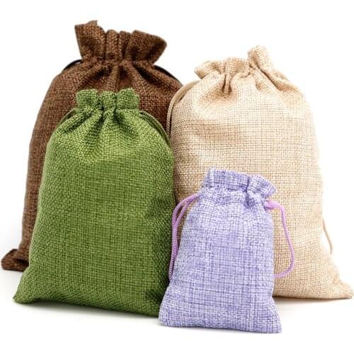 5Pcs/lot Drawstring Natural Burlap Bag Jute Gift Bags Multi Size Jewelry Packaging Wedding Bags with Candy Bag
