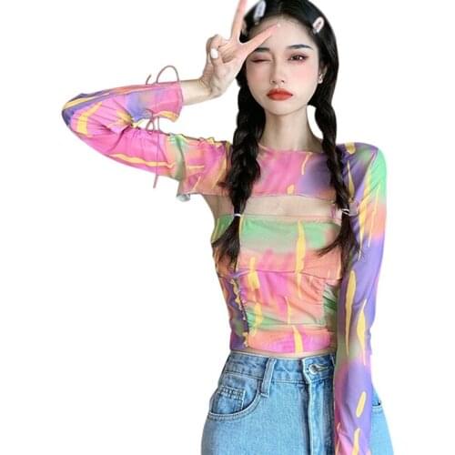 Summer Sexy Suspenders Tshirt Colorful Women Long Sleeve Korean Style Tee Shirt Tops