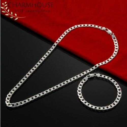 Silver 925 Jewelry Sets For Men 4mm Figaro Chain Bracelet & Necklace 2pcs Costume Jewelry Set Accessories Decorations Bijoux