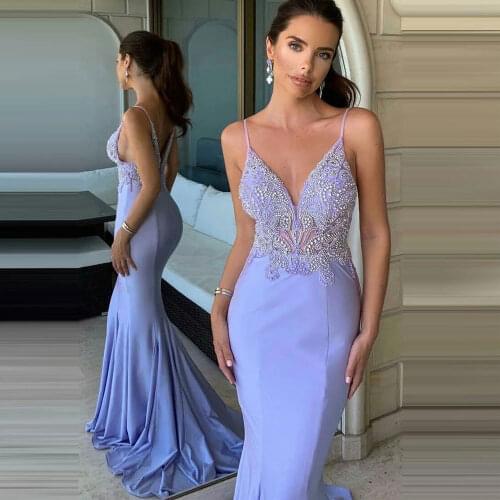 Lavender \Lilac Party Gowns Mermaid / Trumpet Party Dress Spaghetti strap Sweep/Brush Beading Sleeveless Zipper Evening Dresses