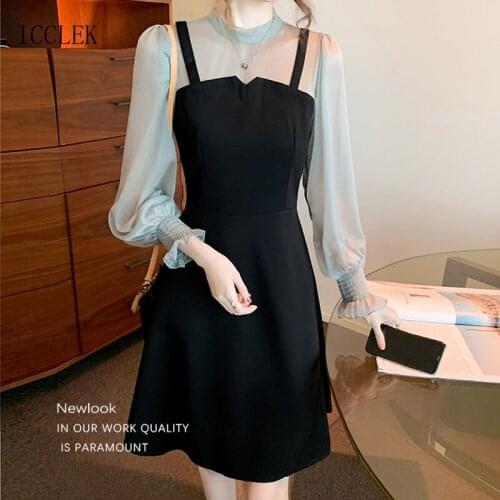 2021 Summer WomenS Clothing New French Fake Two-Piece Dress Female Long Sleeve Mesh Stitching Black Dress Short Dress 1523