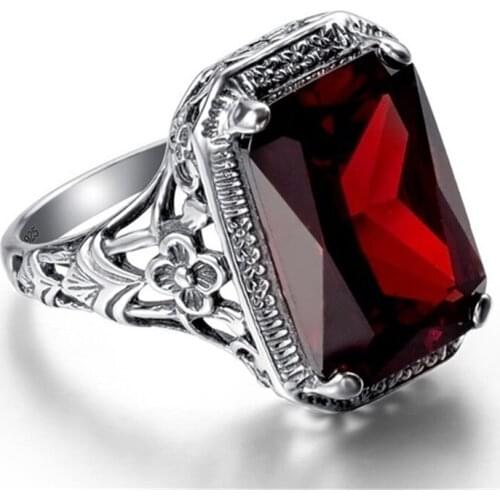 Male Rings Exaggerated Men Red Square Ring Silver Color Pave Setting CZ Ring Fashion Jewelry Hombre Big Statement With Big Stone