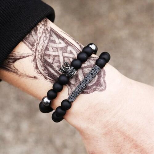 2pcs/set men crown bracelet black stone beads bracelets Mens jewellery friends gift elastic rope pulsera hombre Men jewelry