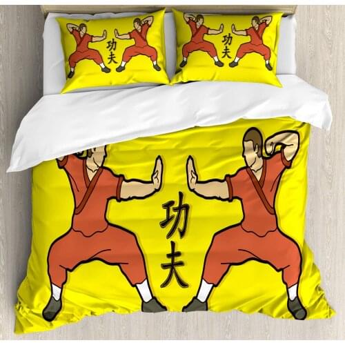 Kung Fu Duvet Cover Set Karate Design with Japaneses and Cartoon 3 Piece Bedding Set Yellow Dark Salmon Green Brown and Peach
