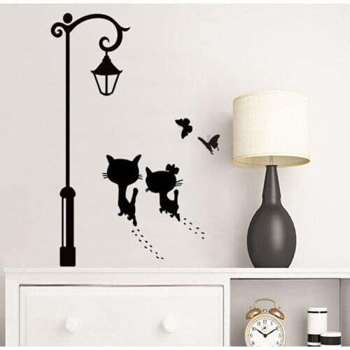 Sweet Couple Cat Wall stickers Kids Room Vinyl Decal Street Light Butterfly Stickers Living Room Wall Decor Home Decoration
