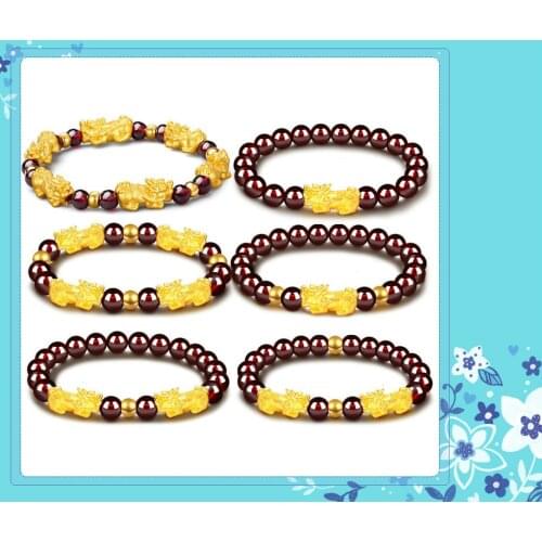 Natural Wine Red Garnet Pixiu Bracelet Imitation 999 Foot Gold 3D Hard Gold Womens Crystal Bracelet Evil Pixiu Bracelet