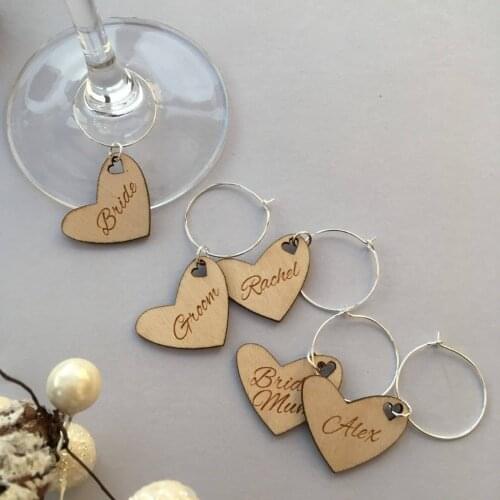 Personalised heart shaped glass charm, Wedding Favour Ideas, Wooden Wine Glass Charms, Name place settings, favours, Hen Do Char