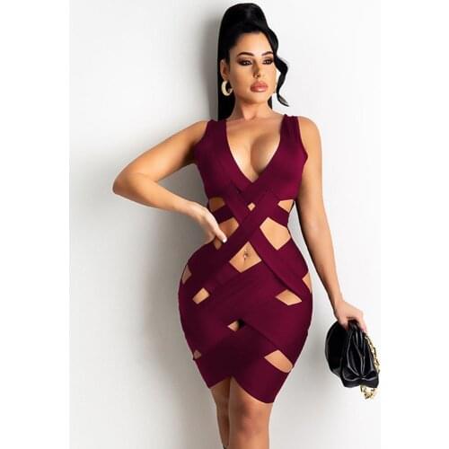Sexy Hollow Out Bandage Party Dresses for Women Elegant Sleeveless Clubwear Bodycon Midi Dress Evening Night Birthday Dress robe