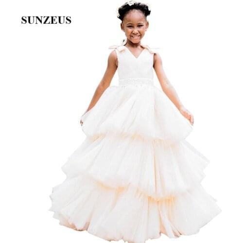 Tiered Tulle Flower Girl Dresses Beaded Waistband A-line V-neck Tank Long Wedding Party Gowns For Chidren