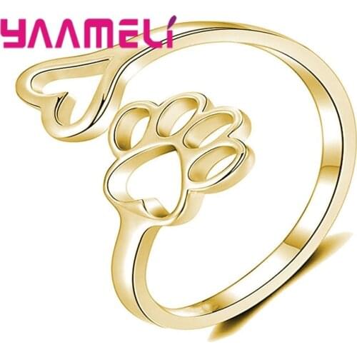 Adjustable Dog Footprint Love Heart Open Hollow Rings For Women 925 Sterling Silver Rose Gold Color Anillos Mujer