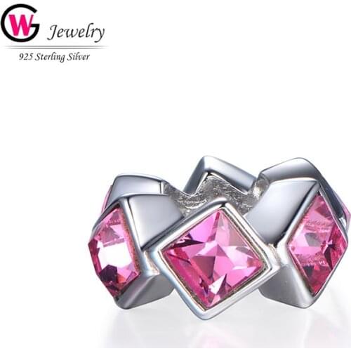 Geometric Silver Beads Fit For Bracelet Pink Zircon CZ Women Charm Real 925 Silver Women Jewelry Charm NEW