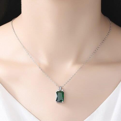 Silver Necklaces Women Emerald Cut Created Emerald Pendant Solid Not Include the Chain