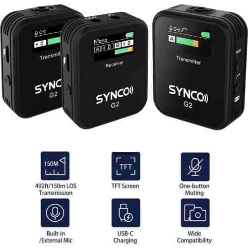 1-Trigger-2 2.4G Wireless Microphone System Receiver+2Transmitters+2Lavalier Microphones TFT Screen 3.5mm for Smartphone Camera