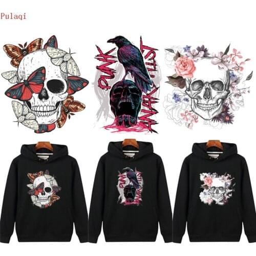 Pulaqi Iron On Transfer Terror Skull Vinyl Heat Transfer Patches For Clothes Stripe PVC Patch Sticker Punk Appliques For Clothes