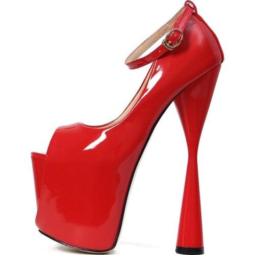 Women Pumps Brand 19CM Hoof High Heels Fashion Casual Black Sexy Patent Leather Buckle Strap Peep Toe Party Wedding shoes women