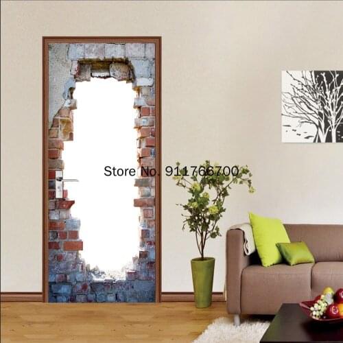 Vinyl Art Adesivo Porta 3D Wallpaper Brick Wall with Holes Door Sicker Poster Self-adhesive Mural for Bedroom Home Decoration