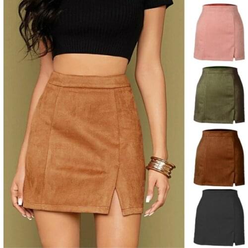 2021 Womens Suede Hip Wrap Skirt High Waist Zipper Autumn Winter A-line Solid Color Skirt Girls Daily Khaki