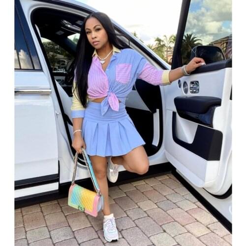 2 Piece Dress Set For Women 2021 Summer Patchwork Top Shirt Full Sleeve Slim Solid Skirt Streewear Elegant Causal Women Clothes