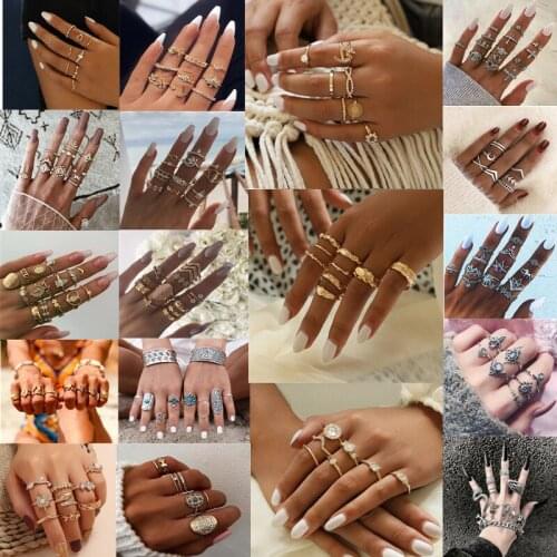 GIVVLLRY Vintage Silver Color Hollow Flower Star Moon Midi Rings Set Crystal Crown Bohemia Chic Knuckle Rings for Women 20 Style