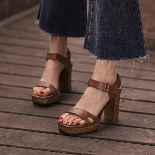 Summer 2021 Vintage Shoes Women 100% Genuine Leather Sandals Thick Heel Square Toes Platform Sandals Ladies Brown/Black Heels