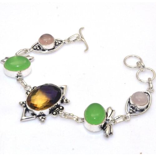 Genuine Ametrine + Rose Quartz + Prehnite Bracelet Silver Overlay over Copper , women Jewelry gift 21 cm, B4264