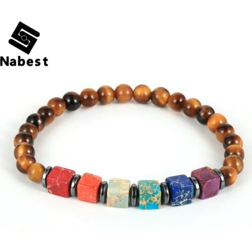 Women Men Natural Stone 7 Chakras Tiger Eye Bracelets Handmade 6mm Cube Emperor Stone Beads Bangle Yoga Healing Reiki Jewelry