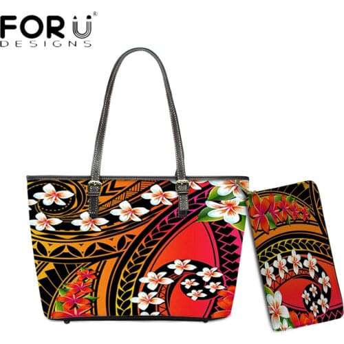 FORUDESIGNS New Style Women Totes Bag With Purse 2pcs Set Hawaii Polynesian Plumeria Floral Pattern Printing Leather Handbag Sac