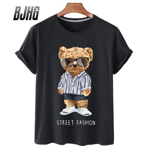 100% Cotton Tide Sunglasses Bear Print Short-sleeved T-shirt Female Half-sleeved Summer Casual Oversized T-shirt Ladies Shirt