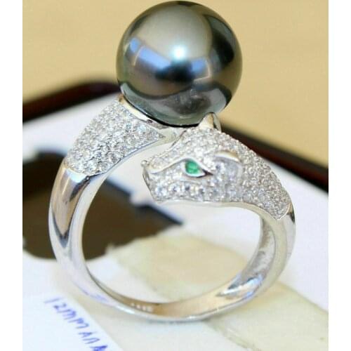 Perfect Round AAA+10-11mm South Sea Black Pearl Leopard Ring 8
