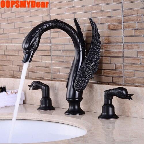 Dual Handle Swan Tap Basin Sink Hot Cold Mixer Faucet Three Hole Deck Mounted Grifo Bathroom Bronze Black Kraan Luxury Copper