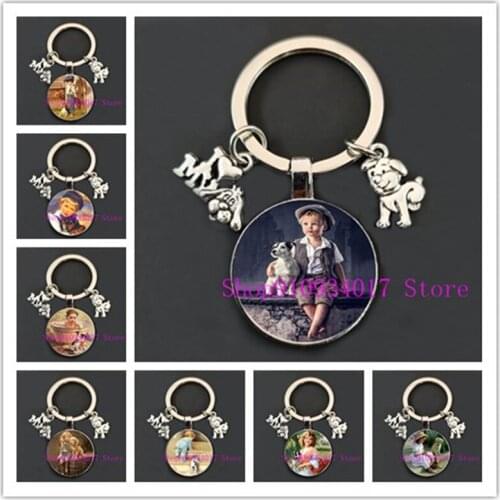 Beautiful cute little boy girl and dog picture round glass keychain I love my dog alloy pendant round glass keychain