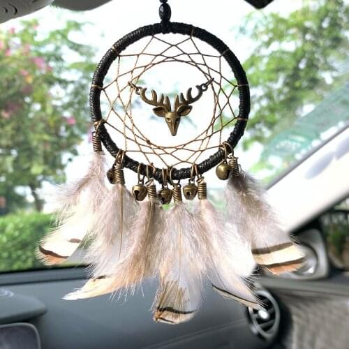 Dream Catcher Wind Chimes Car Pendant Small Bronze Deer & Bells Decoration Hanging Ornaments Home Wall Dreamcatcher Decor Gifts