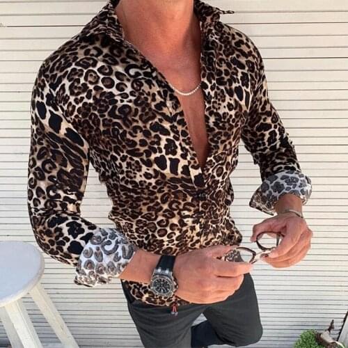 Fashion Mens Luxury Long Sleeve Shirt Casual Slim Fit Stylish Leopard Print Tops
