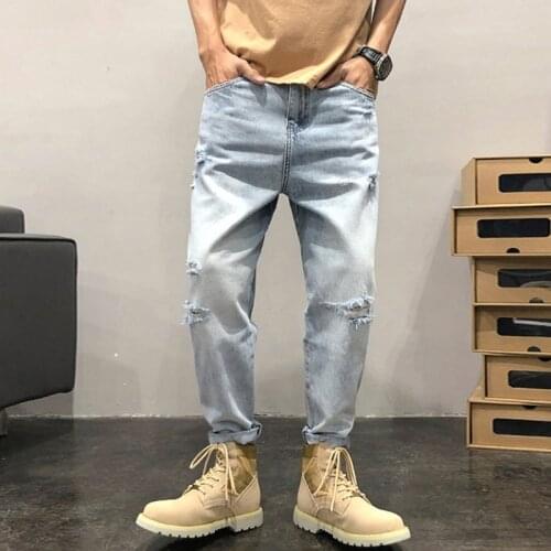 Summer New Light Blue Loose Men Ankle-Length Pants Straight Mens Ripped Jeans Lightweight Casual Denim Pants