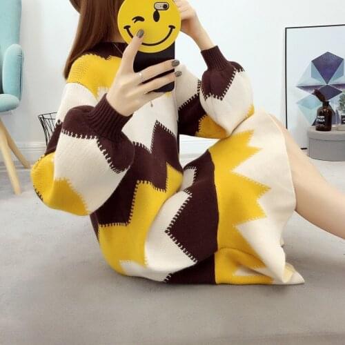 Autumn And Winter New Pattern Hit Color Wave Long Fund Knitting Fish Tail Skirt Rendering Sweater. Easy Will Code Loose Coat