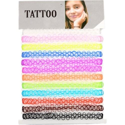 Mix 12 Colors 12 pcs/Set Tattoo Rainbow Chokers Necklace Vintage Stretch Henna Gothic Punk Elastic Hollow Chocker Women Jewelry