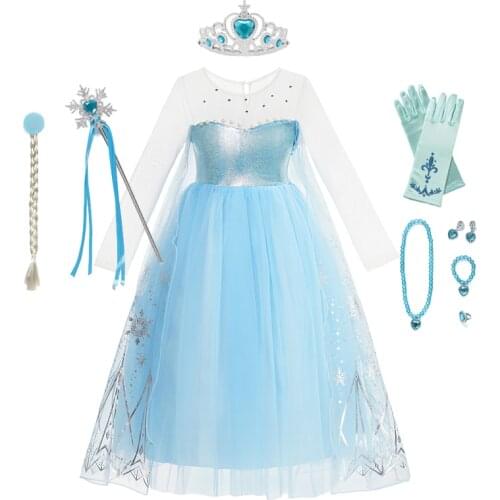 Girls Dress Kids Summer Blue Snowflake Princess Dress Children Role Playing Elsa Dress Carnival Birthday Party Costume