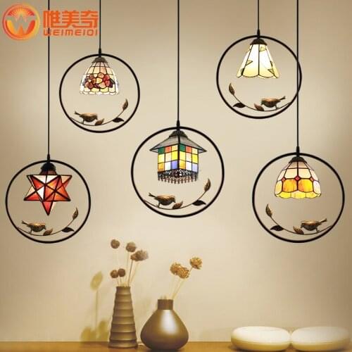 Mediterranean bird house pendant light stained glass for Restaurant bar lamp aisle balcony entrance droplights